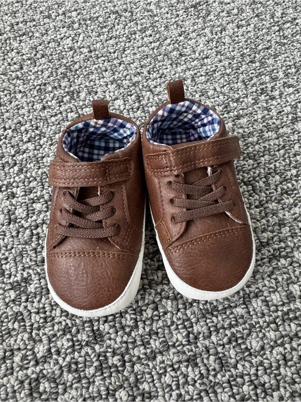 Carter's Brown Faux Leather Toddler Sneakers with Plaid Lining